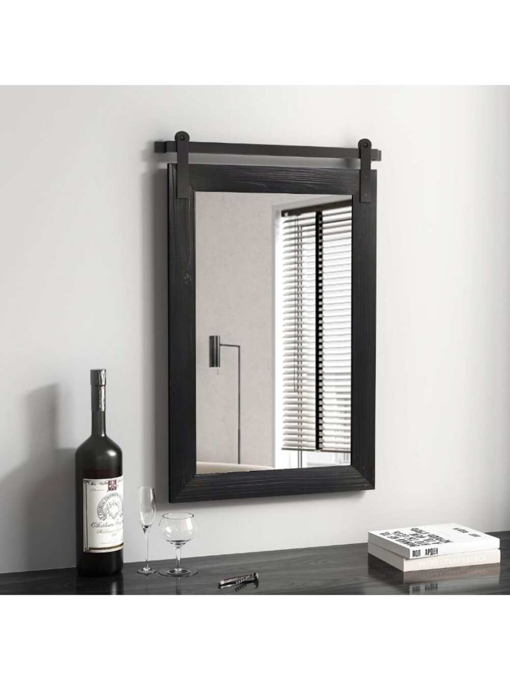 Farmhouse Style Barn Door Mirror - 26x17 Rustic Black Wall Decor, Home Accent